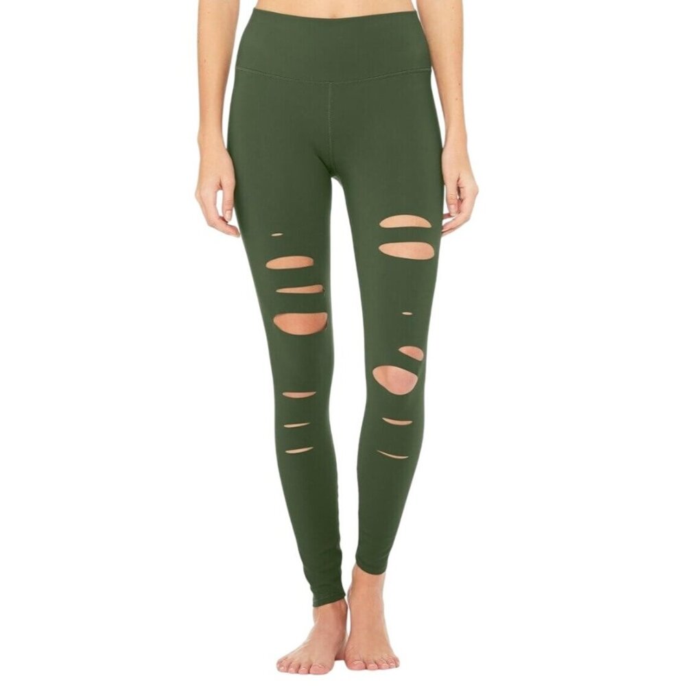 Alo Yoga Womens High Waisted Ripped Warrior Leggings Size XXS Hunter Green Athle
